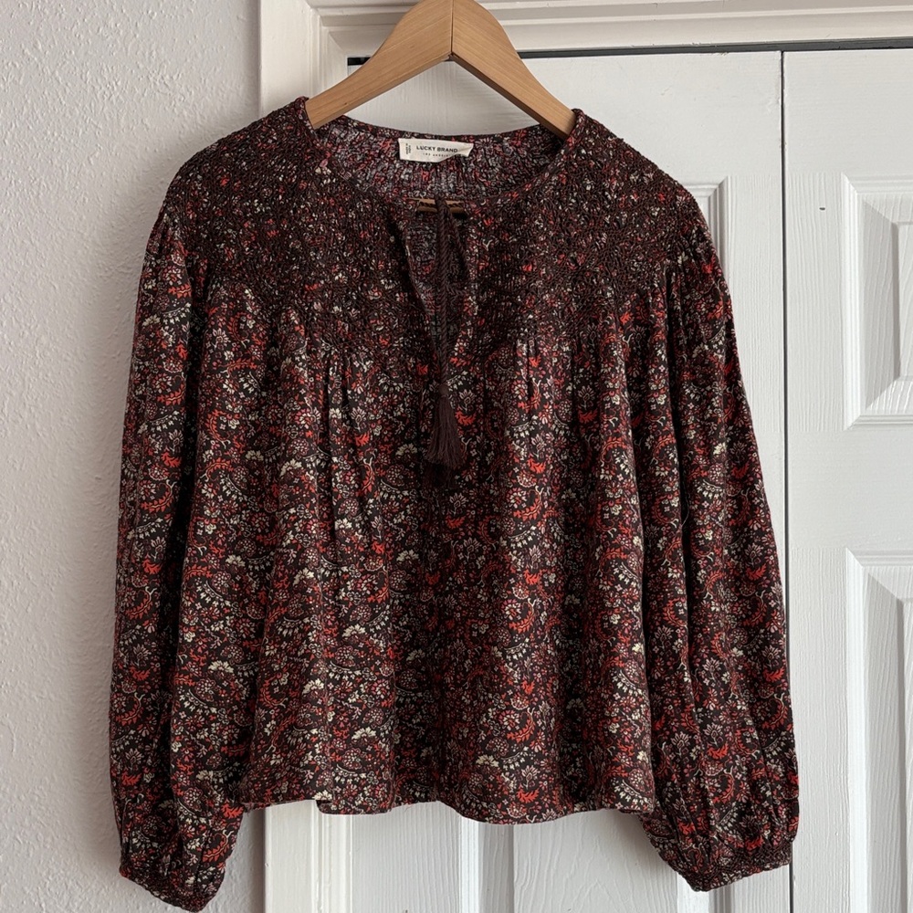 Lucky Brand Floral Printed Smocked Peasant Blouse Top - Picture 5 of 14